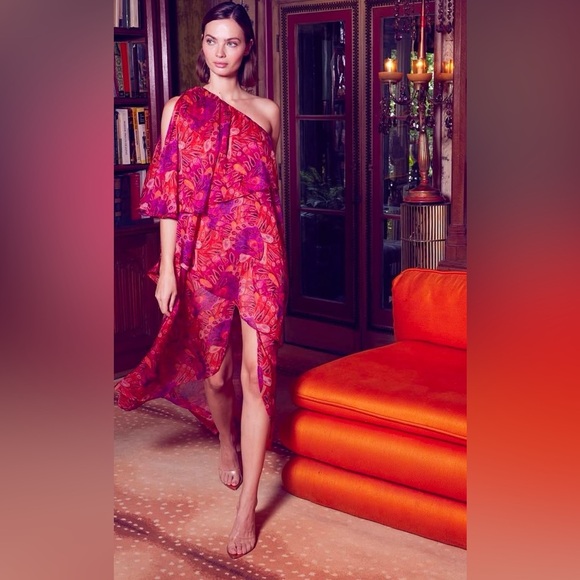 NWT MISA One-Shoulder Single Flutter Sleeve Dress Red Orange Women’s Size Small - Picture 1 of 12